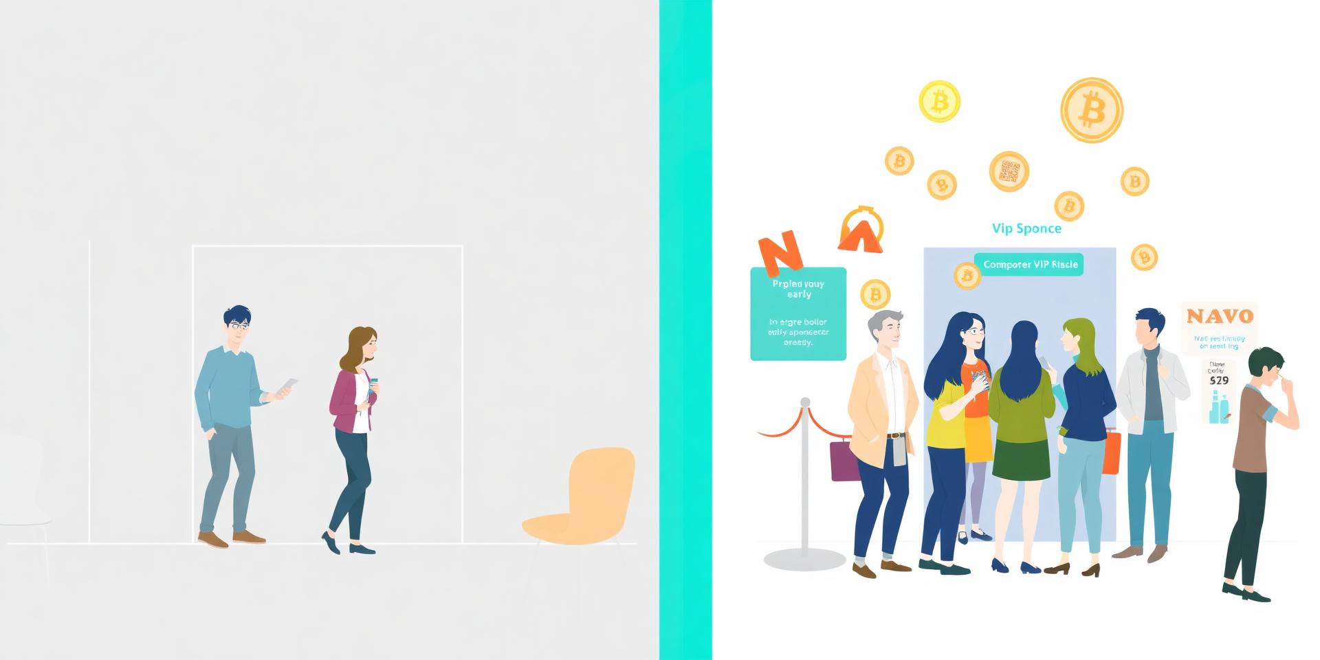 Split illustration comparing a free-access event with a NOM-powered event