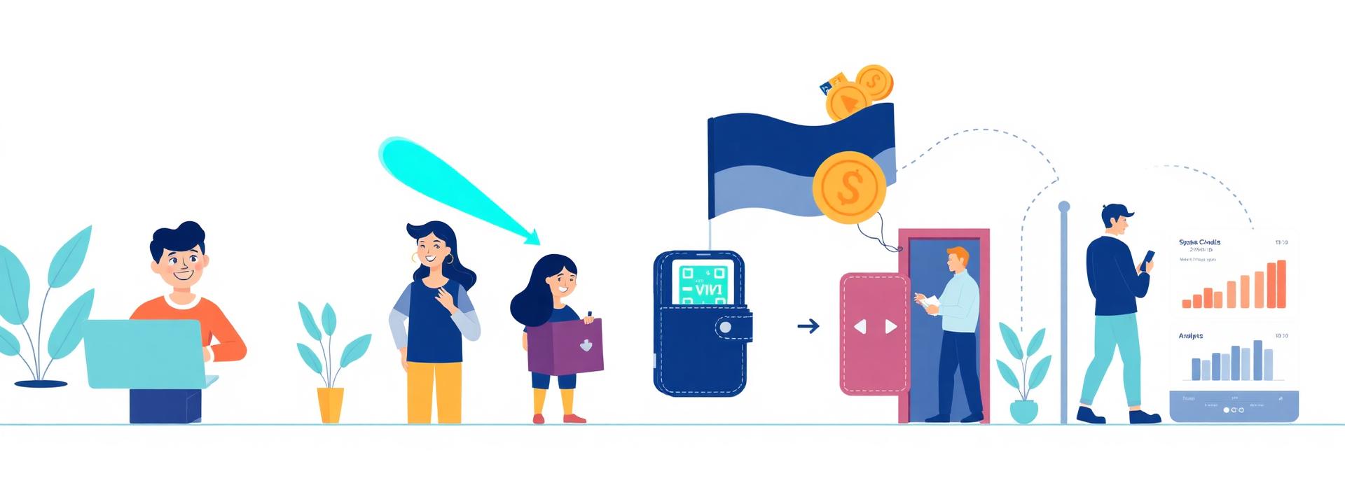 NOM ecosystem flow: organizer, sponsor, attendees, QR scan, credits, unlock, analytics